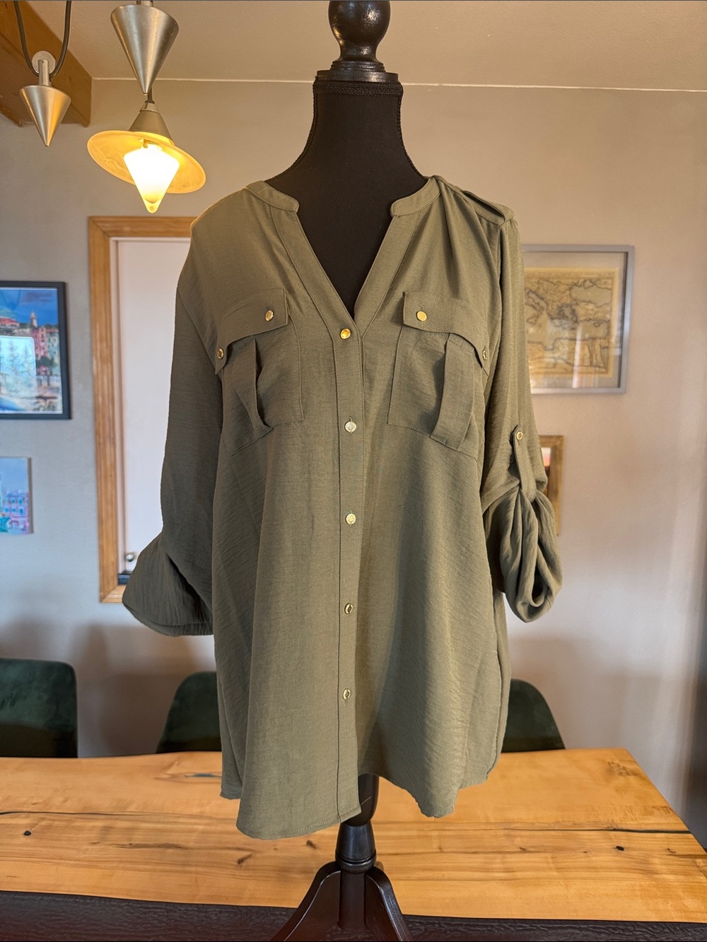 Calvin Klein Olive-Tone Utility Shirt with Branded Button